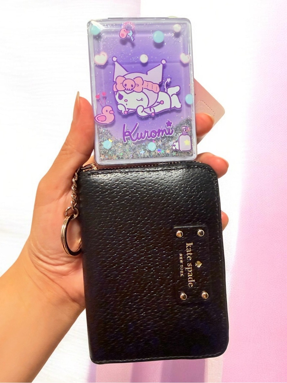 🔥Like New! Kate Spade Wallet with Nwt Kuromi Purple Glitter mirror Case!